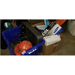 BLUE TOTE W/ SHOP SUPPLIES AND 2 BOXES OF ESTATE ITEMS