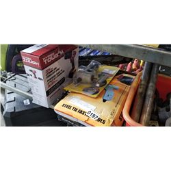 LOT OF HAMMER DRILL, STEEL NIBBLER, AND STEEL REEL TAPE MEASURE