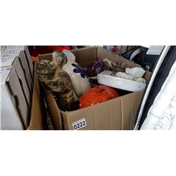 BOX OF COLLECTIBLES, PIGGY BANKS, GLASSWARE, AND CHINA
