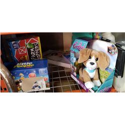 LOT OF NEW CHILDRENS TOYS, FUR REAL, FLOOR PUZZLE, AND BOOK RACK