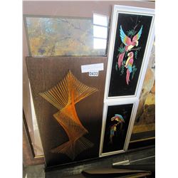 VINTAGE STRING ART AND 2 VINTAGE BLACK VELVET PAINTINGS