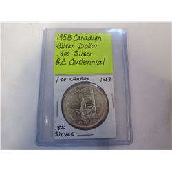 1958 CANADIAN SILVER DOLLAR BC CENTENNIAL .800 SILVER