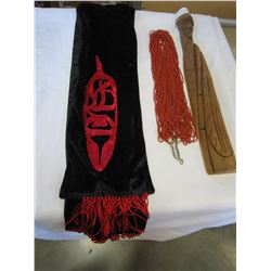 SQUAMISH NATIVE CHEIF CARVING, SCARF, BEADED NECKLACE