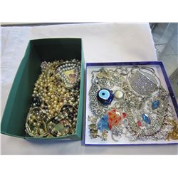 CASE RHINESTONE JEWELERY AND BOX OF ESTATE PEARLS