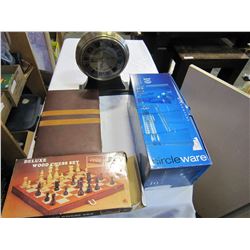 MANCHESTER MANTLE CLOCK, CHESS SET, 10 17OZ COOLERS, AND BACK GAMMON