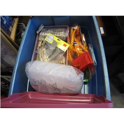 TOTE WITH HUNDREDS OF VINTAGE WOOD CLOTHES PINS AND MISC NEW OUTDOOR STUFF