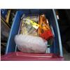 Image 1 : TOTE WITH HUNDREDS OF VINTAGE WOOD CLOTHES PINS AND MISC NEW OUTDOOR STUFF