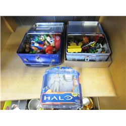 2 TIN LUNCH BOXES OF DIE CAST VEHICLES AND NINTENDO FIGURES