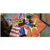 Image 1 : PAIR OF SNOW SHOES AND FIRST NATION FLAGS, CARVED NATIVE ITEMS, AND WOOD DUCK W/ BOW