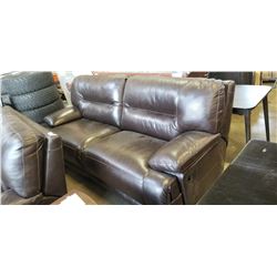 ASHLEY BROWN STITCHED GENUINE LEATHER RECLINING SOFA, RETAIL $1990