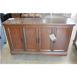 ASHLEY FLOOR MODEL 4 DOOR DINING ROOM SERVER IN CHERRY MAHOGANY FINISH, RETAIL $1587