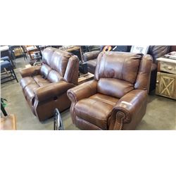ASHLEY BROWN GENUINE LEATHER POWER RECLINING LOVESEAT AND ROCKING MANUAL RECLINE ROCKER RETAIL $2599