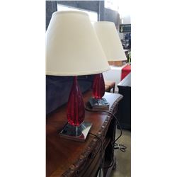 PAIR RED GLASS AND CHROME TABLE LAMP WITH OUTLETS