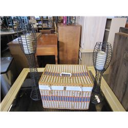 WICKER COLOURED PICNIC BASKET AND METAL WIRE PATIO LIGHTS