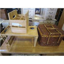 WICKER PICNIC BASKET W/ CONTENTS AND WICKER BED TRAY