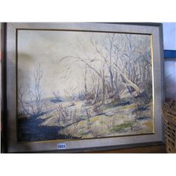 31 x 26 MARSHLAND WATER COLOUR ON BOARD IN GOLD FRAME