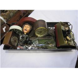 TRAY OF COLLECTIBLES, MANTLE CLOCKS, AND WOLVERINE BOBBLE HEAD