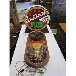 ILLUMINATED TUBORG BEER ADVERT AND SANTINOS PIZZA SIGN