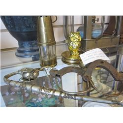 OWL MAGNIFYING GLASS, BRASS EGG, MINI OIL LANTERN, HANDCUFFS, AND METAL SMOKING PIPE