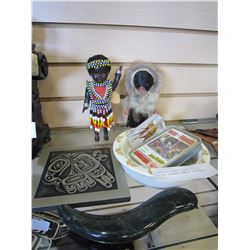 BUNNYKINS BOWL, JADE PIECE, NATIVE PLAQUE, AND 2 VINTAGE DOLLS