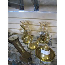 LOT OF VINTAGE BRASS CANDLE HOLDERS, BELLS, AND BAROMETER