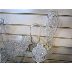 CRYSTAL VASE, BASKET, FOOTED BOWL, AND LIDDED DISH