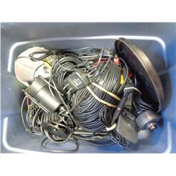 SMALL BLUE TOTE WITH 2 SURVEILLANCE CAMERAS AND CABLES