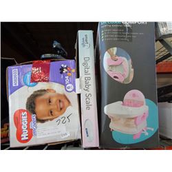 BOX OF NEW SIZE 6 DIAPERS, FOLDING HIGH CHAIR, AND DIGITAL BABY SCALE
