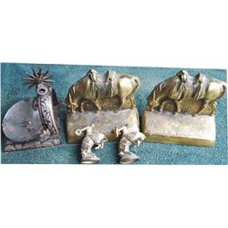 bronze 1940's bookends, silver inlaid spur ashtray