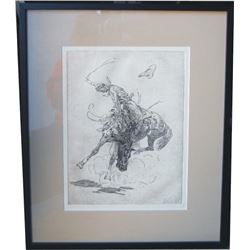 bronc rider, appears to be a Borein etching