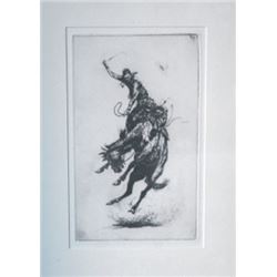 small framed bronc art piece, appears to be a Borein etching but can't see a signature