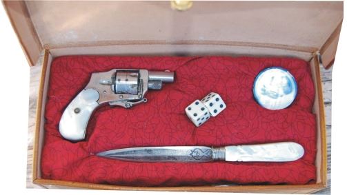 Hamley's gambler's leather kit box with pearl handle knife