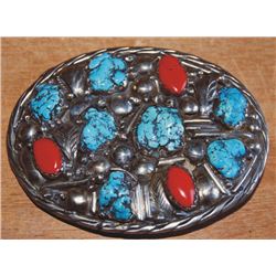 Navajo Kingman silver, turquoise and coral belt buckle