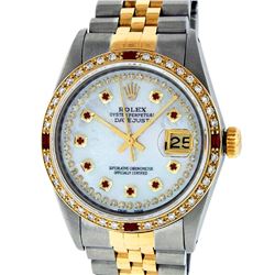 Rolex Mens 2 Tone 14K Mother Of Pearl String Diamond & Ruby Datejust Wristwatch