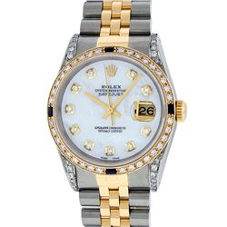 Rolex Mens 2 Tone 14K Lugs MOP Diamond & Sapphire 36MM Datejust