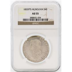 1855PTS MJ Bolivia 4 Sol Coin NGC AU55