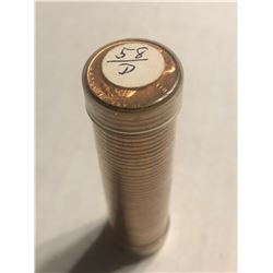 Roll of 50 Total 1958 D MS Uncirculated Lincoln Pennies