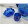 Image 2 : LOT OF 4 PIECES OF BLUE GLASS (PITCHER, PIGGY BANK, PEPPER SHAKER AND JAR)