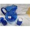 Image 3 : LOT OF 4 PIECES OF BLUE GLASS (PITCHER, PIGGY BANK, PEPPER SHAKER AND JAR)