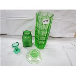 LOT OF 4 PIECES OF GREEN GLASS (VASE, EYEWASH, PEPPER SHAKER, CANDLE HOLDER)