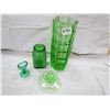 Image 1 : LOT OF 4 PIECES OF GREEN GLASS (VASE, EYEWASH, PEPPER SHAKER, CANDLE HOLDER)