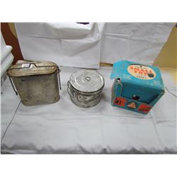 LOT OF 3 CAMPING ITEMS ( 2 METAL POTS, ALCOHOL BURNING STOVE)  *ORIGINAL BOX*