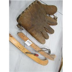 1940S BALL GLOVE AND WOODEN SKATE GAURDS (CCM)