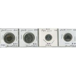 4 CNDN COINS 1954- 10 CENT PC, 2019- 5 CENT PC, 50 CENT PC & 2 DOLLAR PC