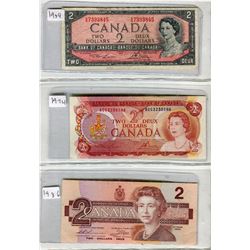 SHEET OF 3 CNDN 2 DOLLAR BANK NOTES (1954, 1974, 1986)