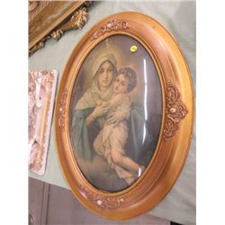 PRINT (MOTHER/CHILD) *OVAL FRAME W/DOME GLASS* (19" X 25") *PICTURE TORN*