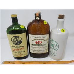 3 LIQUOR BOTTLES (ROYAL CHARTER - CERAMIC, MCCALLUMS & HIRAM WALKERS)