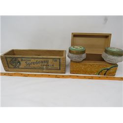 LOT OF 2 WOODEN BOXES (VINTAGE BURNS CHEESE BOX, BOX WITH 2 GLASS CONTAINERS INCLUDED)