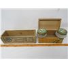 Image 2 : LOT OF 2 WOODEN BOXES (VINTAGE BURNS CHEESE BOX, BOX WITH 2 GLASS CONTAINERS INCLUDED)