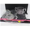 Image 1 : LOT OF 4 ASSORTED SERVING DISHES (10" PLATTER WITH LEGS, CANDLE HOLDERS AND ETCHED SUGAR BOWL)